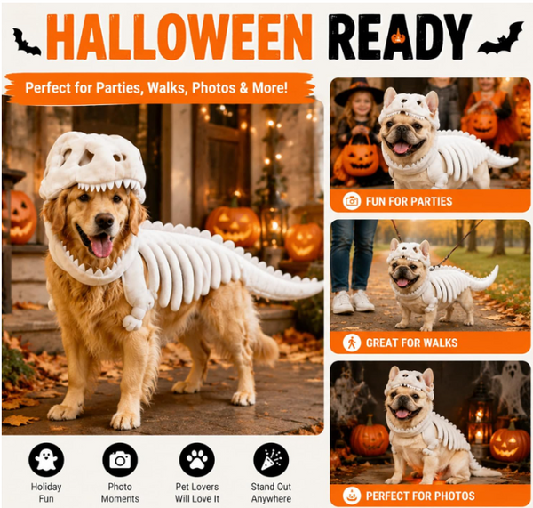Dog & Cat Glow-in-the-Dark Dino Skeleton Costume - Halloween Pet Outfit